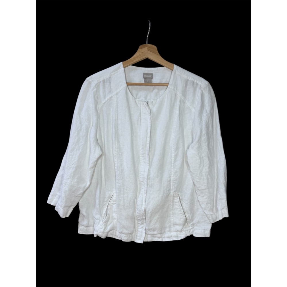 Chicos White 100% Linen Full Zip Collarless Jacket Women's Size 2 Large L 12/14